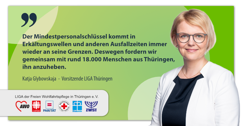 Foto von LIGA Vorsitzenden Katja Glybowskaja mit Zitat zur Verbesserung des Personalschlüssels in den Thüringer Kindergärten