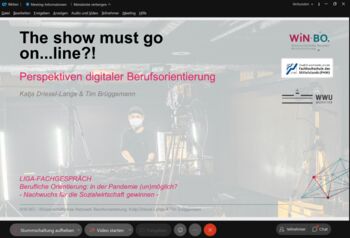 Eine Bildschirmaufnahme der Videokonferenz, hier während des Vortrags von Prof. Dr. Katja Driesel-Lange und Prof. Dr. Tim Brüggemann