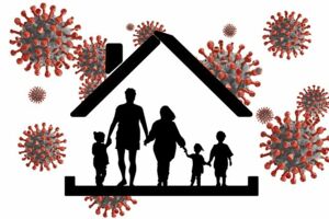 Symbolbild_Haus in dem fünf Personen stehen, umgeben von Viren