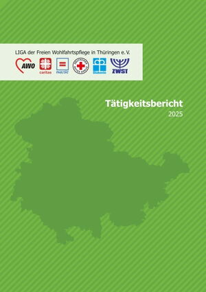 Cover des LIGA-Tätigkeitsberichts 2025: grüner Hintergrund und die Verbändelogos