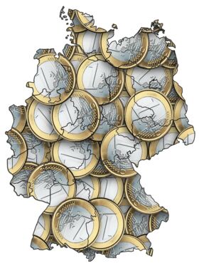 Symbolbild Umriss Deutschlandkarte mit Euromünzen als Textur