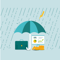 Symbolbild - Es regnet, ein Regenschirm schützt Aktentasche, Geld und eine Informationsgrafik