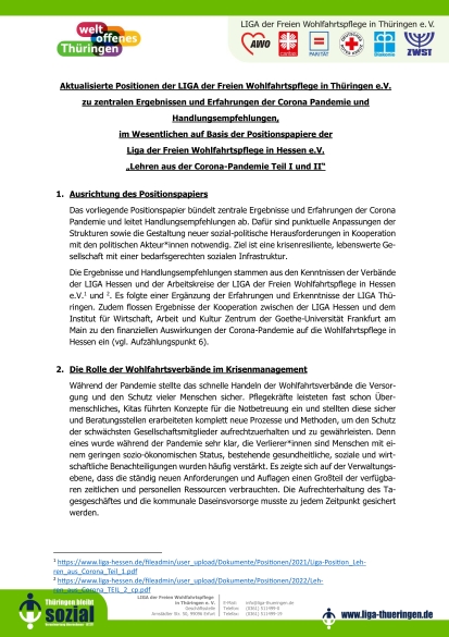Positionen der LIGA Thüringen zu zentralen Ergebnissen und Erfahrungen der Corona Pandemie und Handlungsempfehlungen, im Wesentlichen auf Basis der Positionspapiere der Liga der Freien Wohlfahrtspflege in Hessen e.V. „Lehren aus der Corona-Pandemie