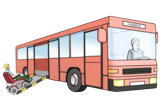 Eine rollstuhlfahrende Person fährt über eine Rampe in einen Bus. Im Bus sitzt eine busfahrende Person.