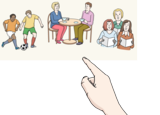 Ein Finger zeigt auf ein Bild mit zwei Fußballspielenden, zwei Personen an einem runden Tisch sitzend und aus großen Tassen trinkend sowie drei singenden Personen mit Notenblättern in der Hand