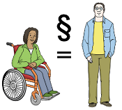 Eine Frau im Rollstuhl und ein Mann stehen nebeneinander. Zwischen ihnen ist