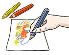 Eine Hand mal mit farbigen Stiften auf ein Blatt Papier.
